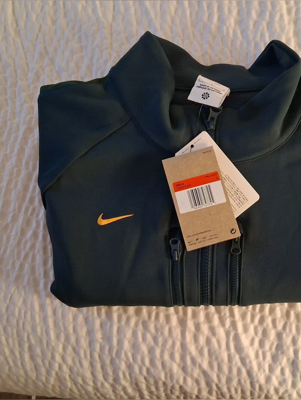 Nike Men's Dark Green Full-Zip Performance Jacket with Orange Swoosh